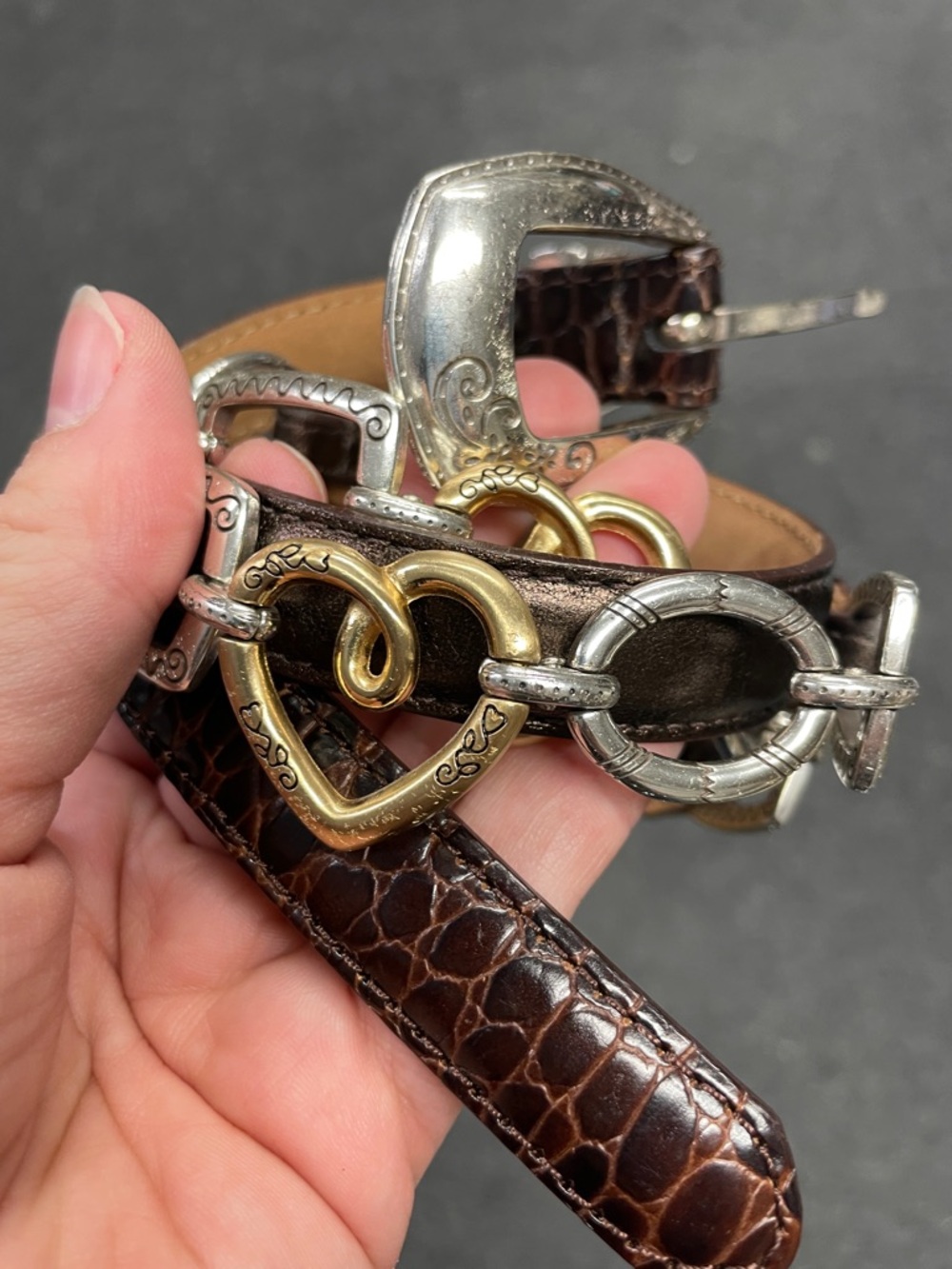 Women's Brown Croc-Textured Leather Belt with Mixed Metal Hardware - Picture 2 of 4